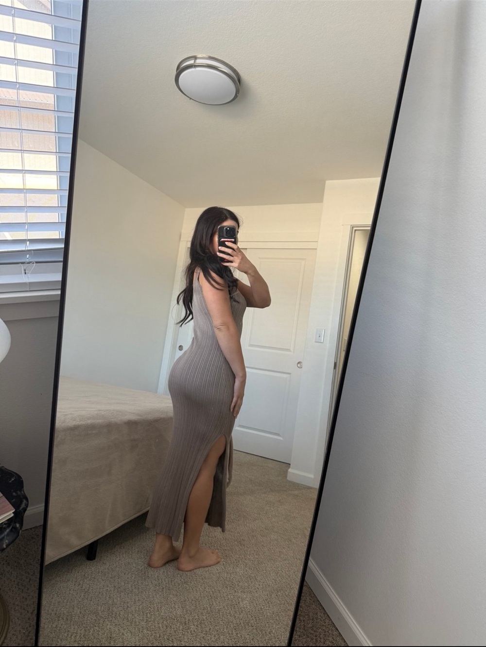 Abercrombie & Fitch Taupe Ribbed Tank Midi Dress with Side Slit - Picture 3 of 7